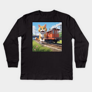 Cat Wanting To Be A Train Kids Long Sleeve T-Shirt